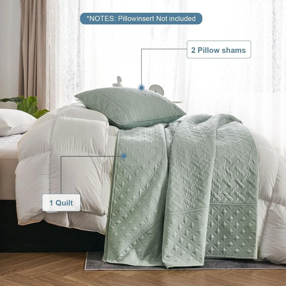 Quilt Set, 3 Piece Soft Basket Weave Sage Green Bedspread King Light Green